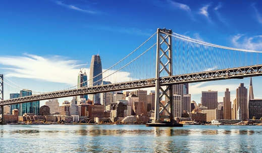 Bay Area bridge and cityscape.