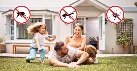 Family playing in their garden with no pest icon overlays